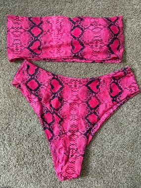 Amazon Women's Pink Snake Print Strapless Bikini Set